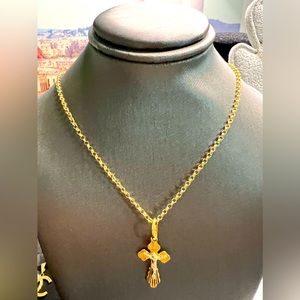 18K Saudi Gold Cross Pendant Necklace 18” 23mm